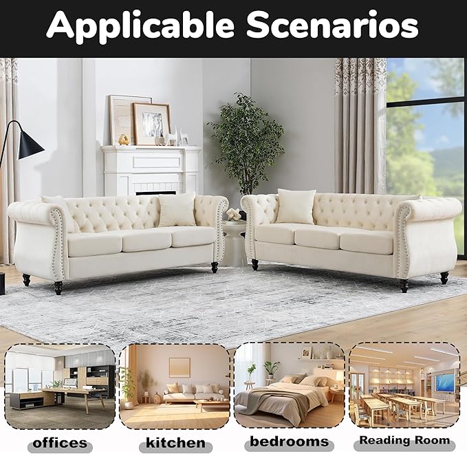2 Piece Modern Beige Velvet 80 3-Seater Sofa Sets Upholstered Tufted Backrests with 8 Rolled Nailhead Arms Combination Couch with 4 Pillows for Living Room