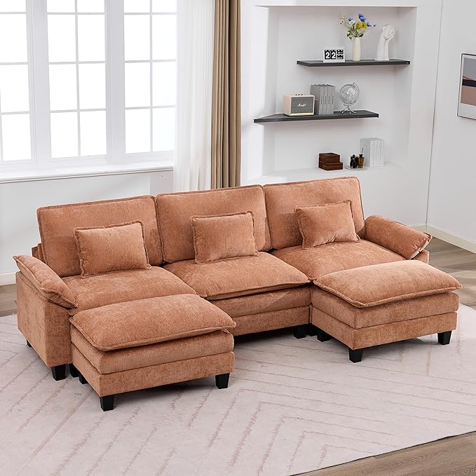 IPKIG 117 Modular Sectional Sofa Chenille U-Shaped Sectional Couch Comfy Upholstered 3 Seat Sofa with 2 Ottoman Deep Seat Cloud Couch Sofa for Living Room Orange | 2 Layer Cushion Cloud Couch Mo