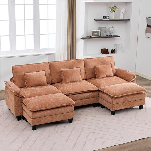 IPKIG 117 Modular Sectional Sofa Chenille U-Shaped Sectional Couch Comfy Upholstered 3 Seat Sofa with 2 Ottoman Deep Seat Cloud Couch Sofa for Living Room Orange | 2 Layer Cushion Cloud Couch Mo