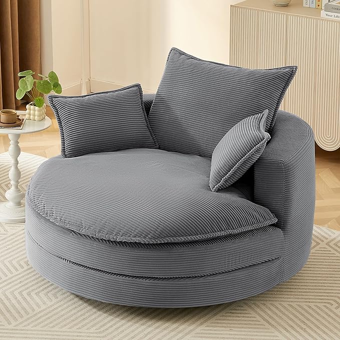 360° Swivel Sofa Chair with Dual-Layer Cushion Design 57.5 Swivel Round Accent Barrel Chair with 3 Removable Pillows for Living Room Office and Hotel (Gray//261)