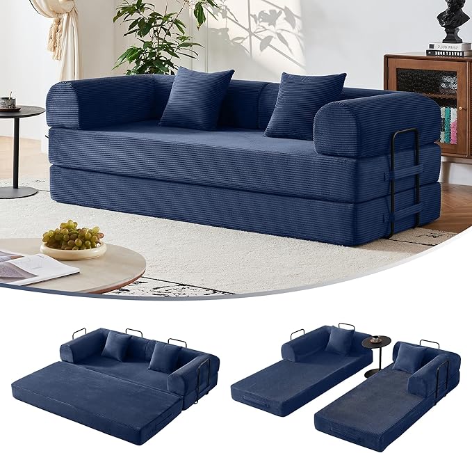 5-in-1 Convertible Cloud Sofa Bed | 79 High-Density Foam with Plush Seat &amp Straight Armrests | No-Assembly Folding Bed for Small Space Living Room Apartment (Navy Blue)