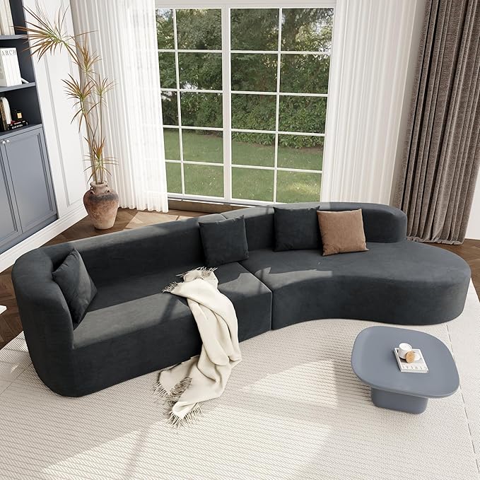 Merax Modern Minimalist Large 2-Piece Sectional Curved Chenille Sofa with 3 Pillows and High-Density Foam for Luxurious Comfort and Seamless for Living Room Bedroom Grey