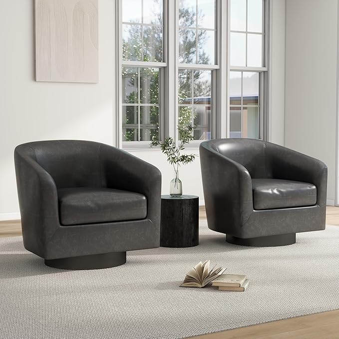 Swivel Barrel Chair Modern Round PU Leather Accent Armchair for Living Room Bedroom Oversized Comfy Club Reading Chairs for Adults (Leather Black Grey Set of 1)