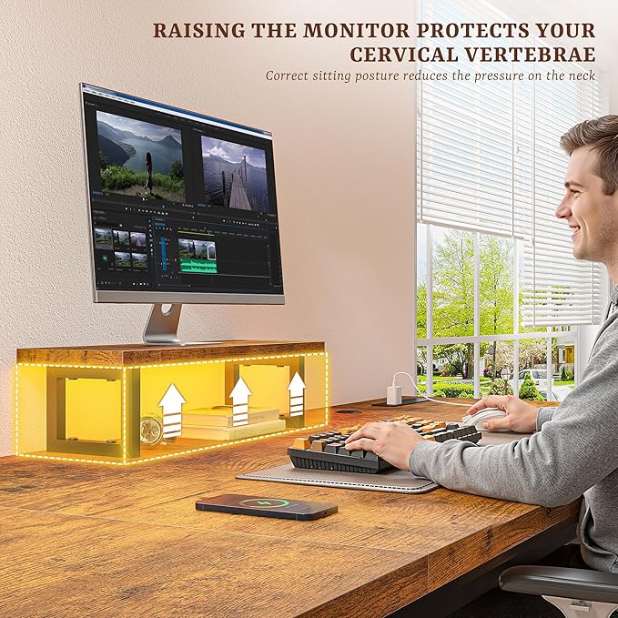 Computer Desk with 0.95 Inch Thicker Desktop &amp Monitor Stand &amp Storage Bag Office Desk with Power Outlets Gaming Desk with LED Light Writing Desk for Home Office Study Bedroom Brown