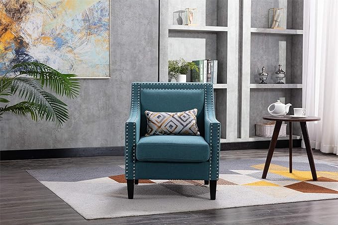 Accent Armchair Living Room Chair with Nailheads and Solid Wood Legs Teal Linen