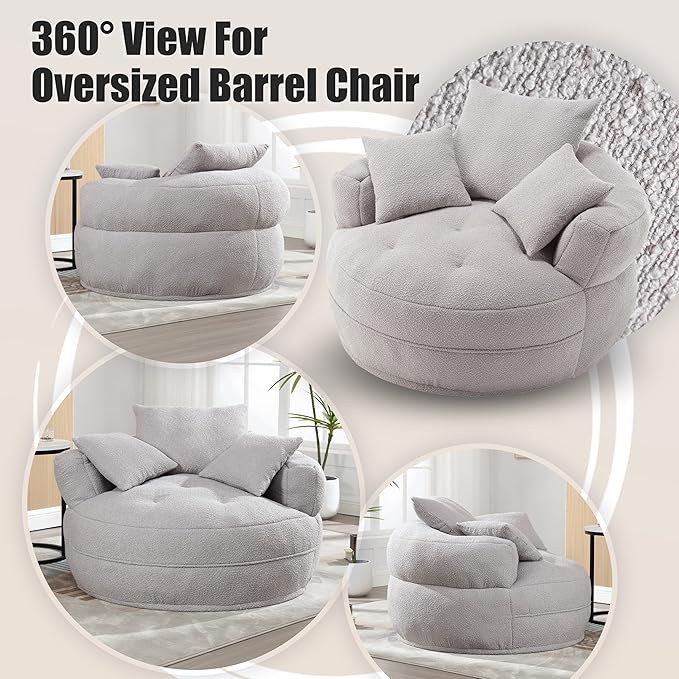 QQU 48“ W Oversized Round Barrel Chair with 3 Pillows Large Round Lounge Barrel Chair for Home Oversized Leisure Single Sofa with Armrests Circle Couch for Living Room Apartment Grey
