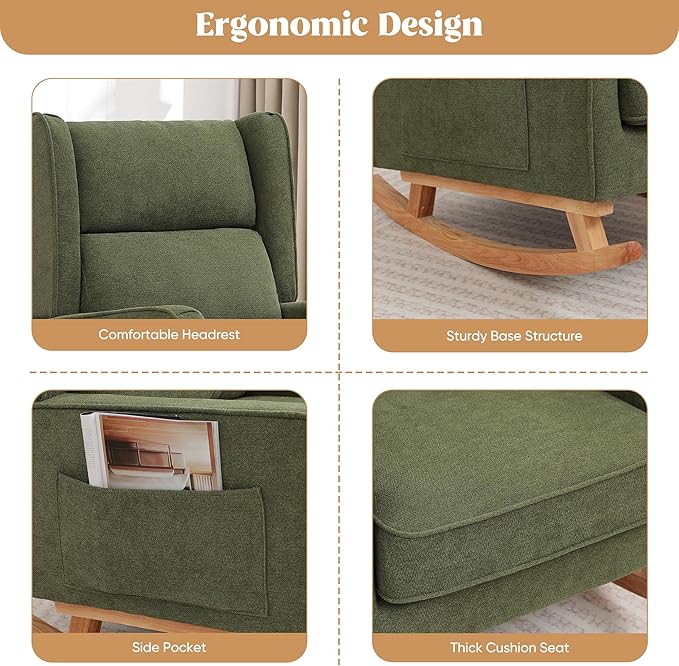 Nursery Rocking Chairs Rocking Chair Nursery for Mom Nursery Rocker with High Backrest and Solid Wood Legs Modern Wingback Accent Rocking Chair for Reading Living Room Bedroom Green
