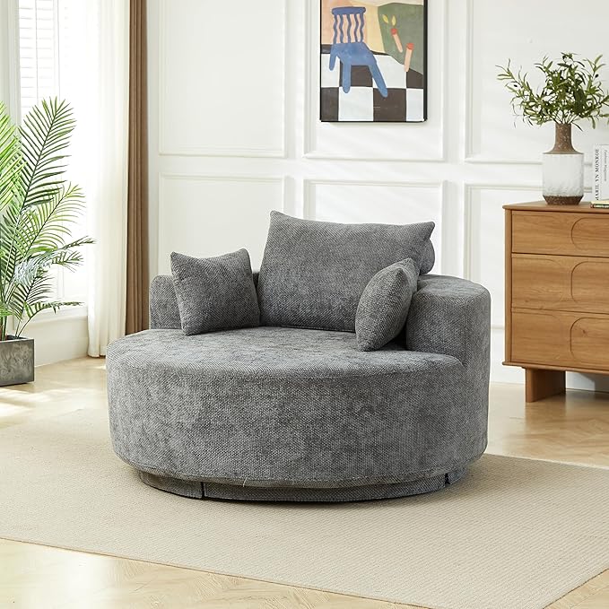 KEIKI 55 Oversized Swivel Accent Chair Chenille Barrel Chairs Upholstered Round Swivel Chair Single Sofa Armchair Sleeper Chair for Living Room Lounge Grey