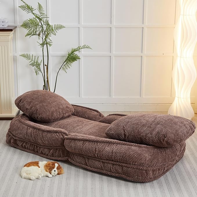 Lazy Sofa Couch 5 Adjustable Position Floor Sofa Fits with 2 Pillows Folding Tatami Lazy Bed Suit to Put in Bedroom Living Room (Brown)