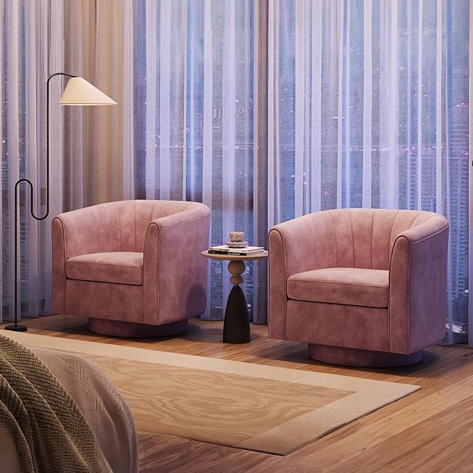 LINSY Swivel Accent Chair with Ottoman - Small Barrel Chair 360 Swivel Modern Armchair Upholstered Reading Chair with Footrest for Living Room Bedroom Study Room Velvet (Pink)