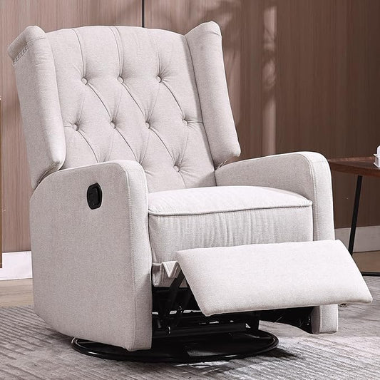 Glider Recliner Nursery Chair Cozy Linen Rocking Chair Nursery Recliner with Adjustable Button Backrest and Footrest Swivel Recliner Chair for Living Room Bedroom Office (Beige)