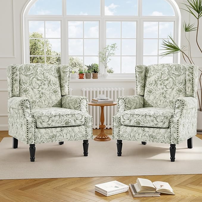 Floral High Back Accent Chair Upholstered Armchair with Solid Wood Legs Comfy Wingback Reading Single Sofa Chair for Small Spaces Living Room Bedroom(Floral Rococo Green Set of 1)
