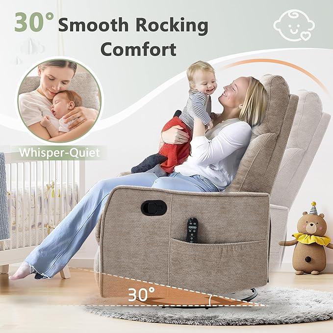 cinkehome Swivel Rocker Recliner Glider Rocker Recliner Chair for Nursery Manual Reclining Chair with Heated Massage Small Spaces Living Room Khaki Chenille