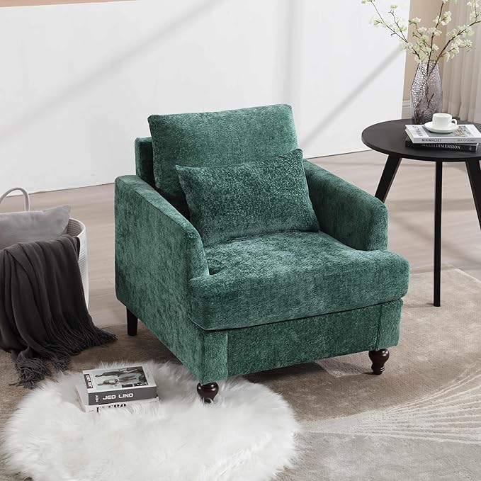 Wood Frame Armchair Modern Accent Chair Lounge Chair for Living RoomTufted Club Chair Mid Century Modern Arm Chairs with Studded Solid Wood Frame for Bedroom Reading (Emerald Chenille)