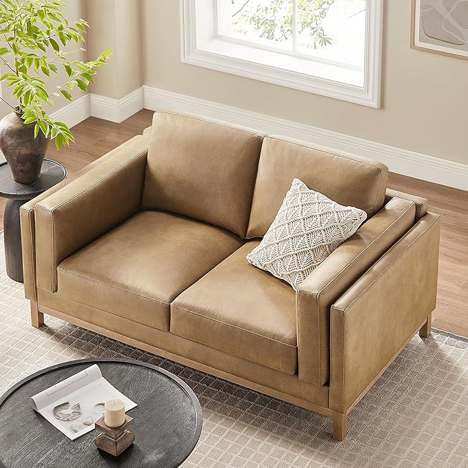 Modway Roscoe 63 Inch Vegan Leather Loveseat in Toast - Comfortable Faux Leather 2 Seater Couch for Living Room Apartment or Office Seating