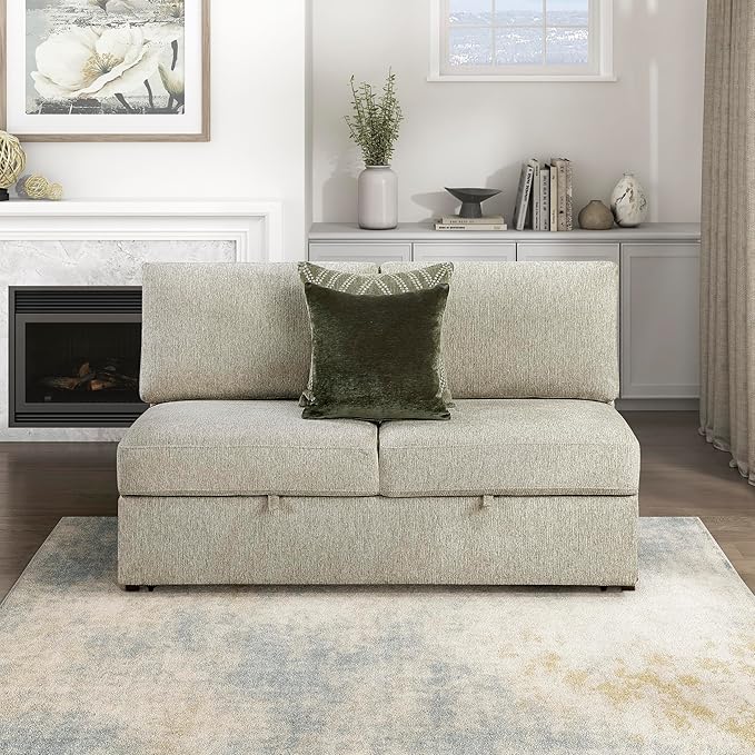 Lexicon Modular Sectional Sofa Module for Sectional Couch Armless Convertible 2 Seater with Pull-Out Bed Adjustable Backrests Removable Back Cushion Cover 2 Pillows Microfiber Sand