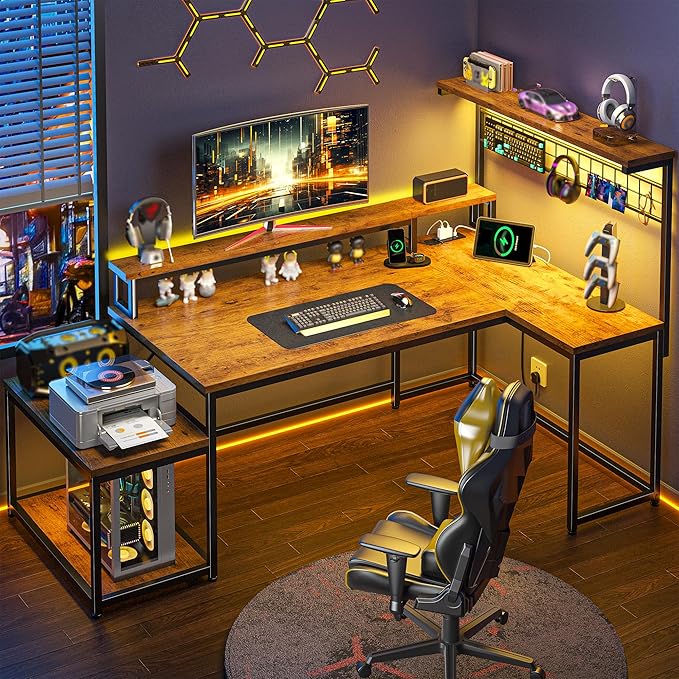 Gaming Desk with Shelves &amp Hooks 63.5L Shaped Computer Desk with LED Lights &amp Power Outlets &amp Monitor Stand and Printer Space for Home Office Writing Desk of Bedroom Living Room Rusti