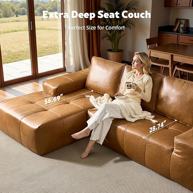 114 Leather Sectional Couch with Comfy Chaise Boneless L Shape Sofa with Deep Seat Minimalist Modular Couches Sleeper for Living Room LoungeBrown