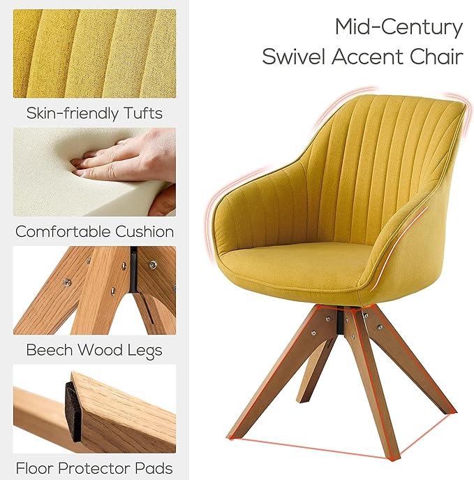 Art Leon Dining Chair Mid Century Modern Fabric Upholstered Swivel Dining Room Chair with Wood Legs Leisure Side Chair with Arms for Living Room Yellow