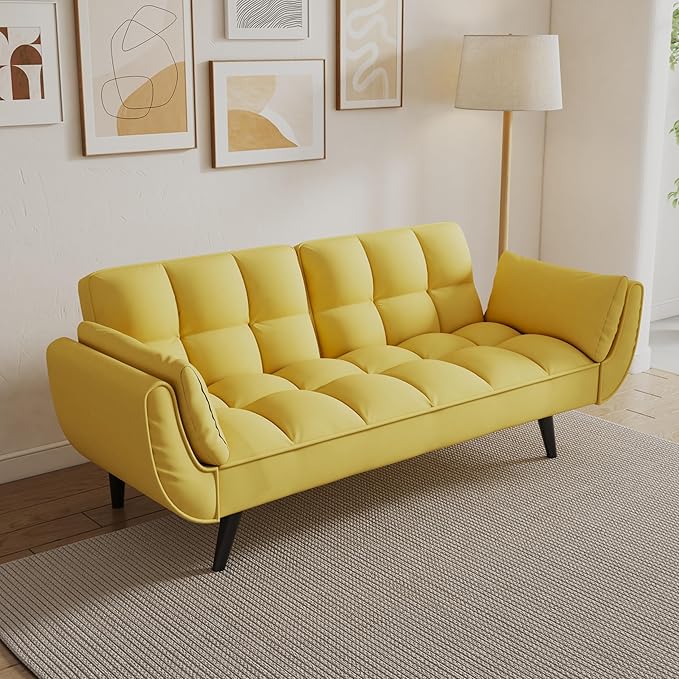 Olela Futon Sofa Bed Convertible Sleeper Couch 74 W Modern Velvet Loveseat with Adjustable Backrests and Solid Wood Legs for Living Room Bedroom Small Space (Yellow)