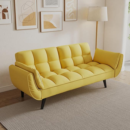 Olela Futon Sofa Bed Convertible Sleeper Couch 74 W Modern Velvet Loveseat with Adjustable Backrests and Solid Wood Legs for Living Room Bedroom Small Space (Yellow)