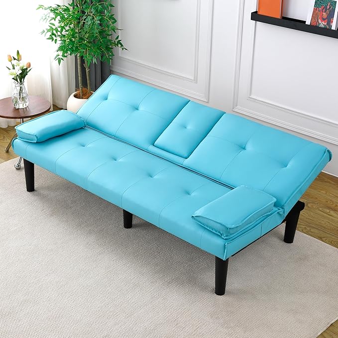 KEIKI 3 in 1 Convertible Sleeper Sofa Bed with Cup Holder Futon Sofa Bed for Living Room Dorm or Home Office Blue