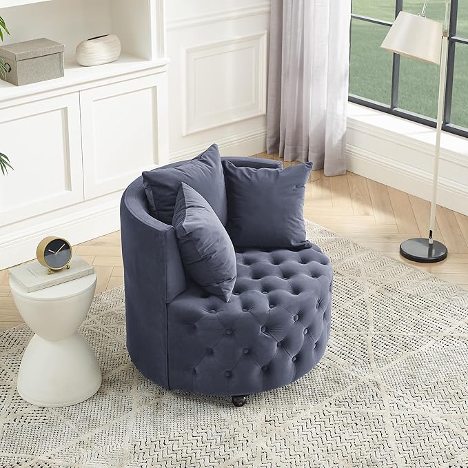 360° Swivel Barrel Chair 30W Modern Velvet Upholstered Round Accent Chair with Button Tufted Design &amp 4 Movable Wheels Comfy Small Armchair for Living Room Bedroom Nursery Sillas Para Sala Grey