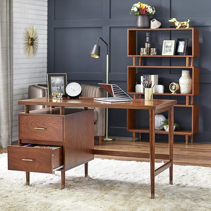 Margo 50 Wide Mid-Century Modern Wood Desk with Drawers Stylish Elevated Top Design Solid Pine Wood Tapered Legs Computer Desk for Home Office &amp Study Walnut