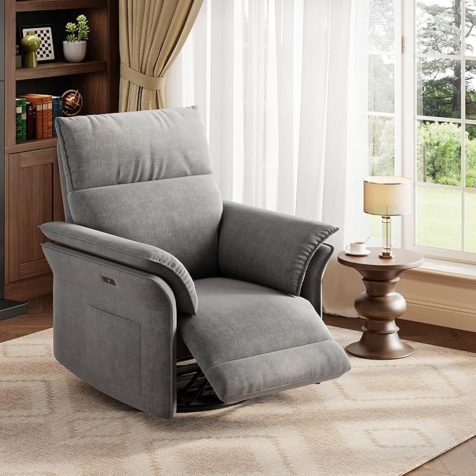 GAOMON Power Recliner Chair 270 °Swivel Rocking Glider with USB Charging Port Chenille Upholstered Fabric and Double-Layer Armrests Nursery Chair for Living Room Nursery (Silver)