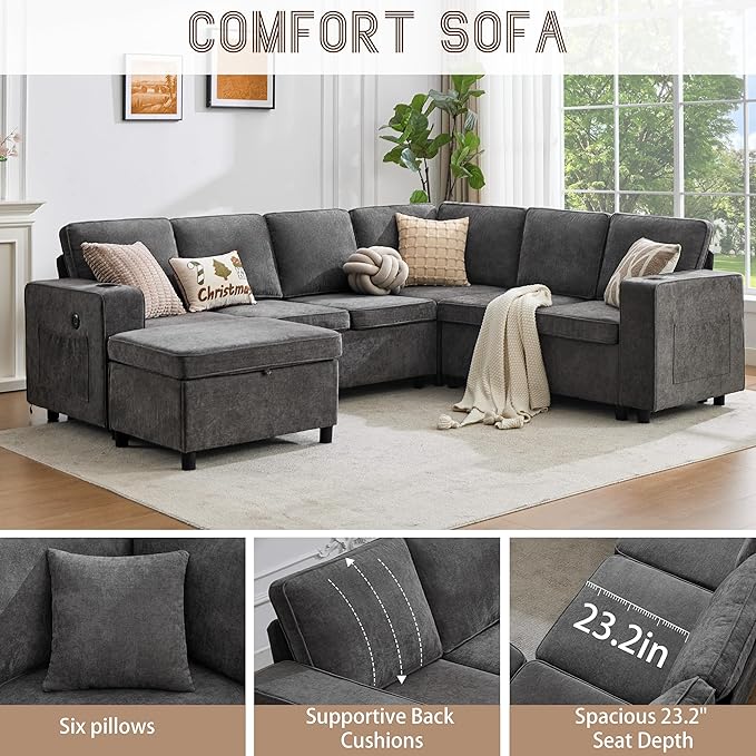 107 Modular Sectional Sleeper Sofa with Pull Out Bed 7 Seat U Shaped Couch with Storage Ottoman USB Port &amp 6 Pillows Sectional Couches for Living Room &amp Apartment Modular Cloud Couch Gre