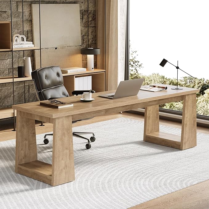 LITTLE TREE 86.6 Double Home Office Desks Two Person Desk for 2 Person Farmhouse Executive Computer Desk Large Work Writing Table Rustic Brown Business Workstaticon Furniture for Home