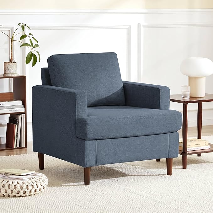 Mid-Century Accent Chair Comfy Upholstered Reading Accent Chairs for Bedroom Modern Linen Fabric Armchair for Living Room Single Sofa Chair with Wood Legs (Blue Grey 2 Pack)
