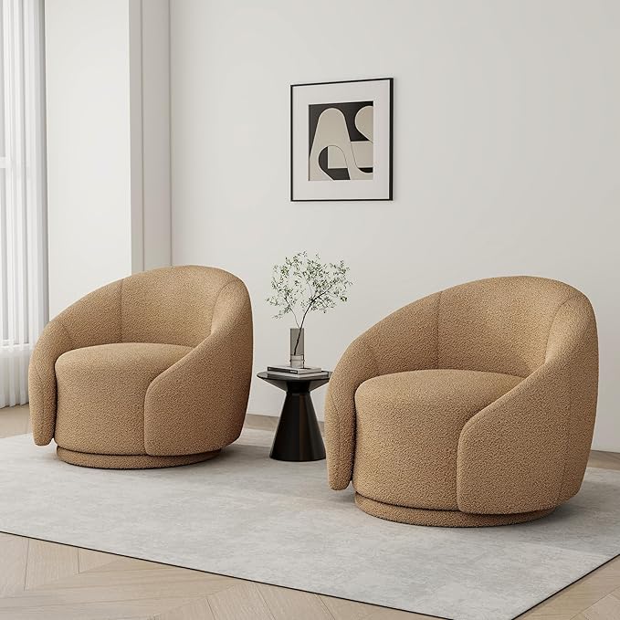 Swivel Barrel Accent Chair 360° Small Round Sofa Chair Comfy Modern Reading Armchair for Living Room Bedroom (Boucle Light Brown Set of 2)