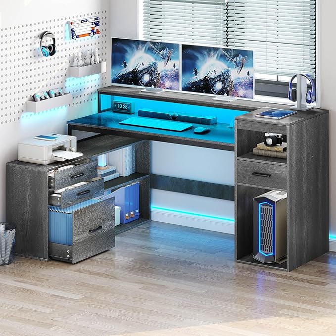 YITAHOME L Shaped Desk with Drawers 59 Corner Computer Desk with Power Outlets &amp LED Lights Farmhouse Wood L-Shaped Desk with File Cabinet Printer Stand Host Stand for Home Office Grey