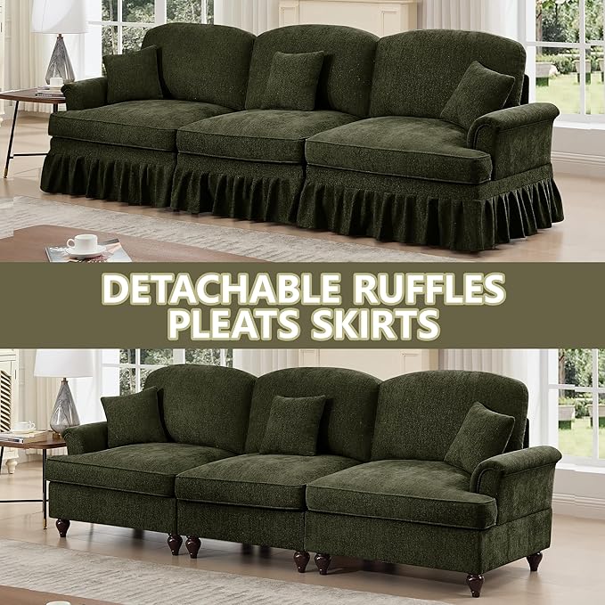 107.1 3-Seater Modular Sectional Sofa Cloud Couch with Deep Seat Removable Pleated Skirt Chenille Sofa for Living Room Office (Green)