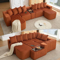KEIKI 137.5 Modular U Shaped Sofa Oversized Corduroy Sectional Couch with Movable Footstool Cup Holders Wireless Charging Board Flexible No Assembly Sofa for Apartment or Loft