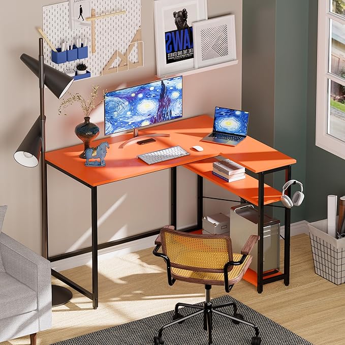 Pamray 43 Inch L Shaped Computer Desk with Reversible Side Storage Shelves Small Corner Desk for Small Space Home OfficeWriting Study PC Table for BedroomOrange