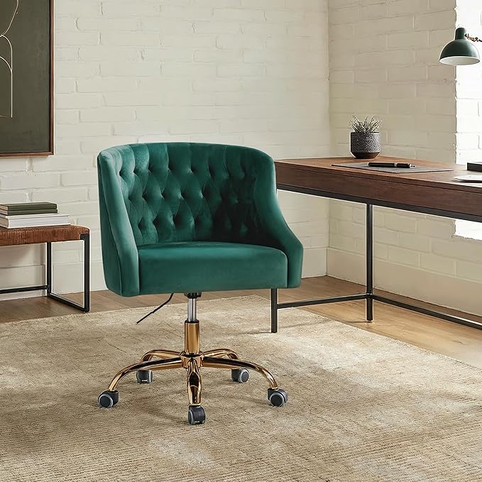 Velvet Office Chair with Gold Base Modern Cute Desk Chair Comfortable Adjustable Swivel Task Chair for Home Office Living Room Bedroom Vanity Study