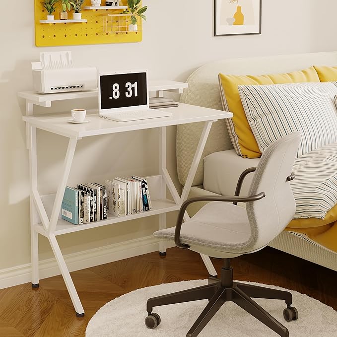 COTUBLR Small Desk 27.5 Inch Small Computer Desk for Small Spaces Computer Desk with Adjustable Monitor Stand Compact Desk with Storage Tiny Desk Study Desk for Bedroom Home Office White