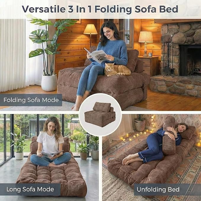 Folding Sofa Bed Convertible Sleeper Chair with Pillow Foldable Mattress with Back Support Portable Fold Out Chair Bed Comfy Floor Sofa Lounge for Living Room Bedroom Single (Coffee)