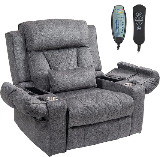 Big Man Power Lay Flat Lift Chair Oversized Recliner Dual Motor Heat Vibration for Elderly Overstuffed Electric 28 Extra Wide Recliners with Flip Arm Storage Cup HoldersUSB Type C Charging