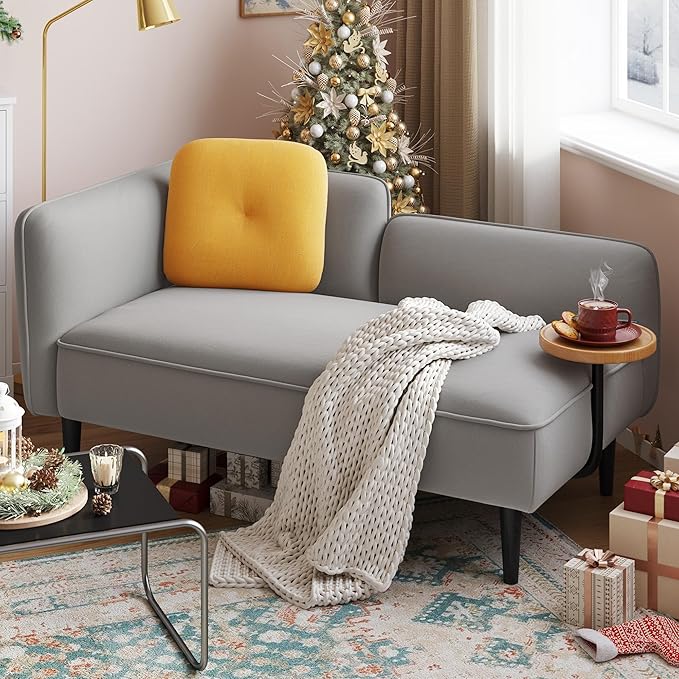 2 Seater Couch Small Love Seat Couches for Small Spaces Bedroom Living Room 57 Mini Sofa Apartment Size Couch Linen Retro Loveseat with Pillow and Removable Tray (Gray Right)