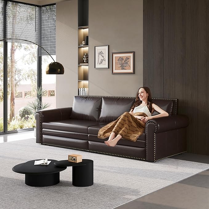 JOYBASE Pull Out Sofa Bed King-Size Convertible Sleeper Sofa Modern 3-Seater Faux Leather Couch with Nailhead for Living Room Office Apartment (Dark Brown)