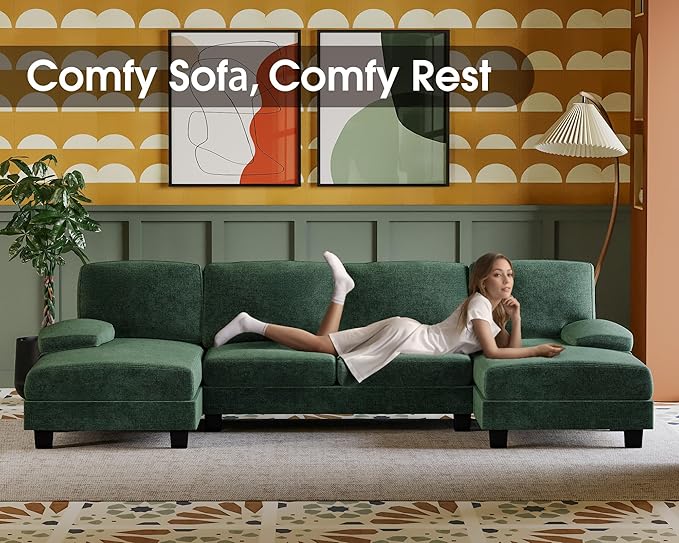 Furmax Sectional Couches for Living Room U-Shaped Sofa Couch with Linen Fabric 4 Seat Sofa Set with Double Chaise for Apartment (Fabric Green)