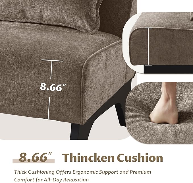 Upholstered Armless Accent ChairModern Comfy Living Room Chairs with Wooden Legs&amp PillowsLounge Sofa Side Chair for Bedroom Farmhouse Reading (Dark Brown 2 PCS)