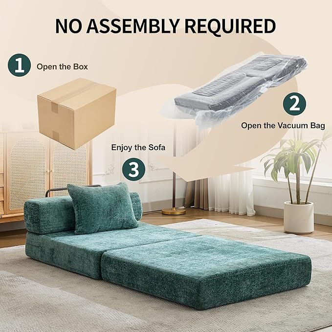 Folding Sofa Bed Convertible Floor Sleeper Chair Comfy Futon Floor Couch 2 in 1 Pull Out Single Boneless Sofa for Living Room Bedroom No Assembly (Chenille Dark Green)