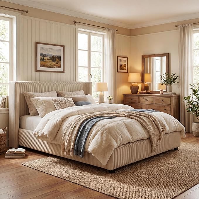 IDEALHOUSE Queen Size Upholstered Platform Bed Frame with Storage Drawers Corduroy Wingback with Tufted Headboard and Footboard No Box Spring Needed Easy Assembly Beige