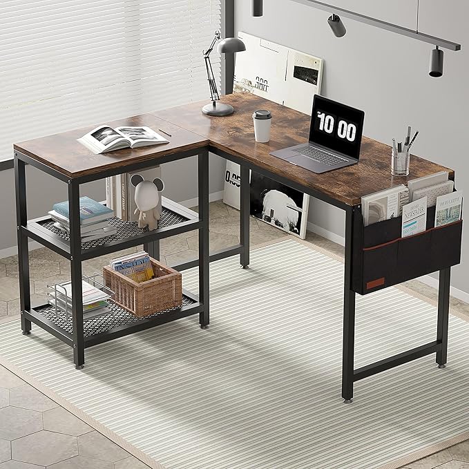 VECELO L Shaped Desk 49 Inch Computer Gaming Study Writing Table Home Office Workstation with Storage Shelves &amp Bag