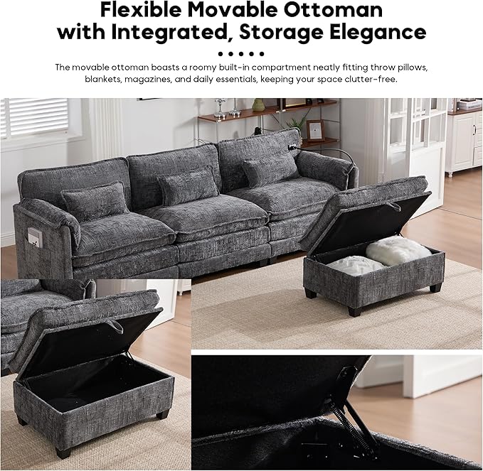 L Shaped Sectional Sofa Cloud Couch for Living Room 109 Chenille Comfy Modular Sleeper Sofa with Storage Ottoman Modern Upholstery Sofas with USB Port &amp Phone Holder Grey