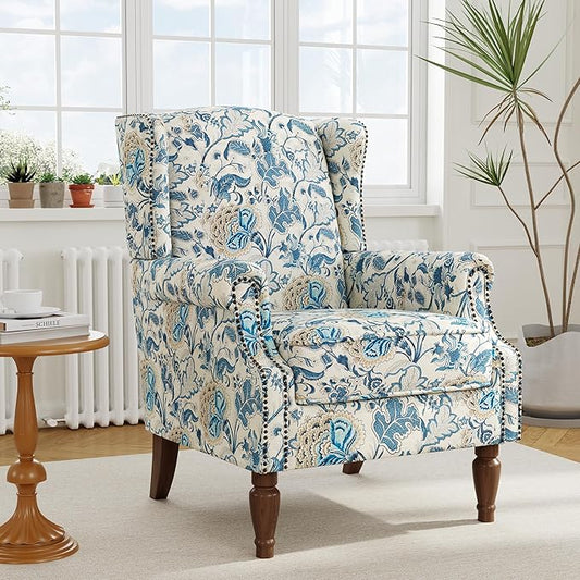 Floral High Back Accent Chair Upholstered Armchair with Solid Wood Legs Comfy Wingback Reading Single Sofa Chair for Small Spaces Living Room Bedroom(Floral Boho Blue Set of 1)